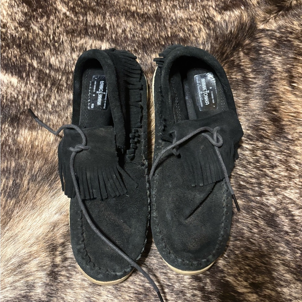 Minnetonka Black Suede Moccasin Shoes with Fringe